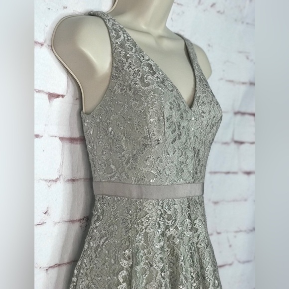 ADRIANNA PAPELL Silver Lace Overlay Fit & Flare Minidress Size 4 PETITE - Picture 5 of 16